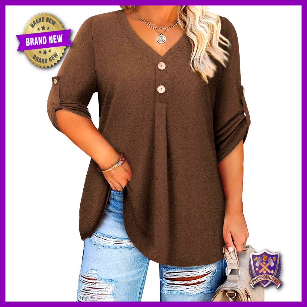 Plus Size 3/4 Sleeve V-Neck Tunic Blouse Loose Fit Button Top Xl-5xl